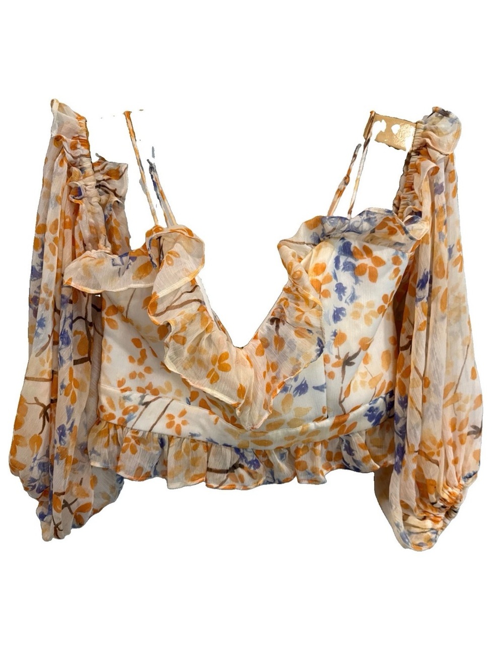 Here Comes the Sun Floral Ruffle V-Neck bustier in Cream Orange & Blue